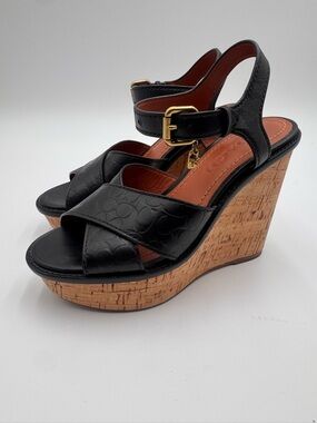 Coach Black Leather Cork Wedge Sandals with Gold Buckle
